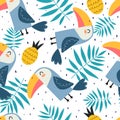 Summer seamless pattern with cartoon toucans, pineapples, tropical leaves, decor elements. colorful vector. hand drawing, flat sty